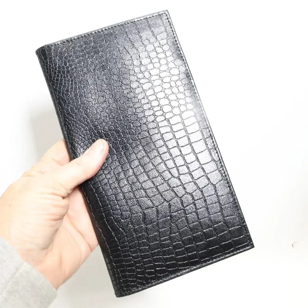 Decasso Passport Wallet Folio Black Croc Embossed Leather Cards Docs